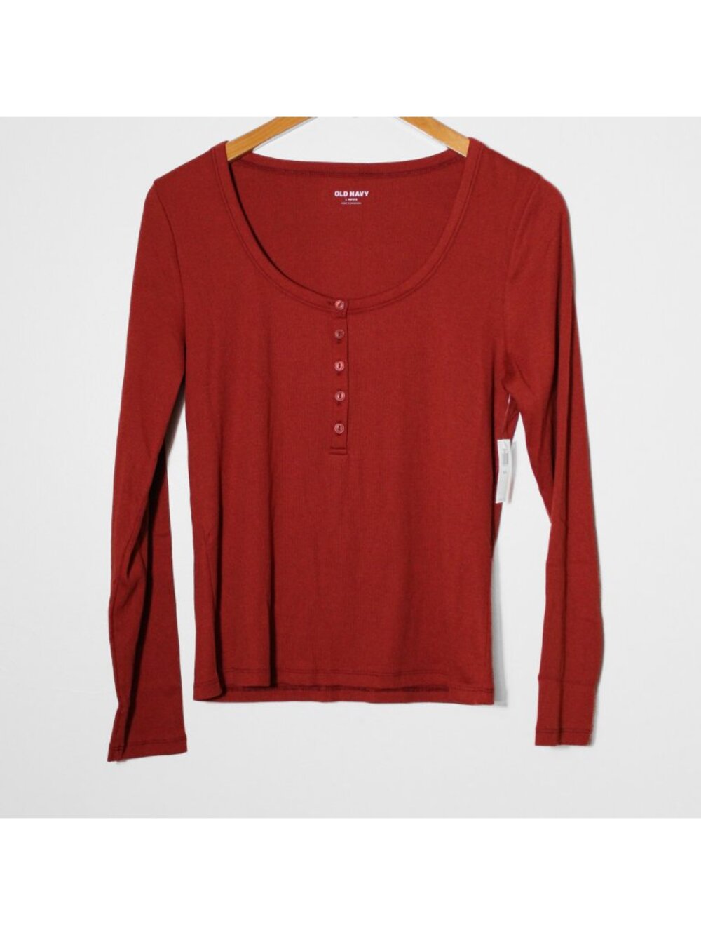 Old Navy Fitted Rib Knit Henley Long Sleeve Top Rust Red Size L Petite